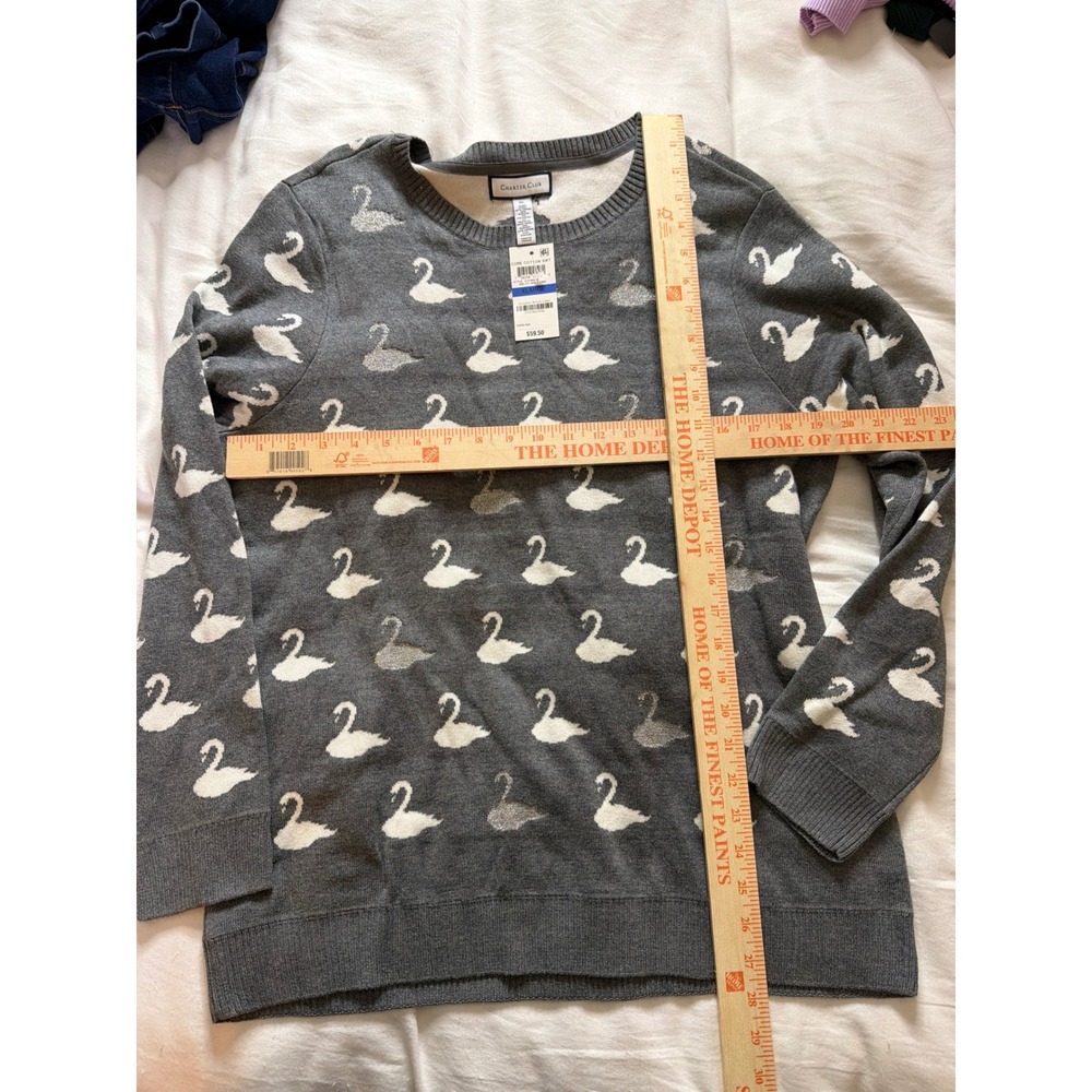 Charter Club preppy XL Grey Swan Intarsia Cotton Blend Metallic Sweater
